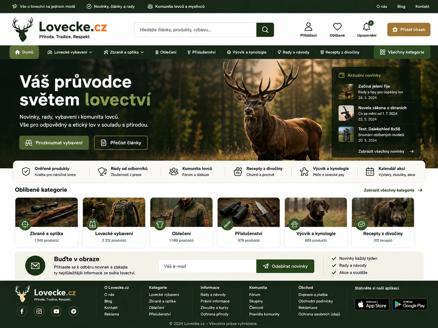 Vizuální návrh možného projektu Lovecke.cz zaměřeného na lovectví a myslivost